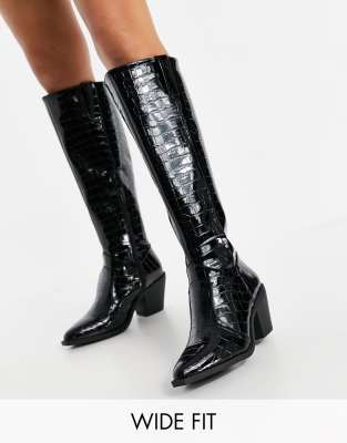 Glamorous - Kniehoge westernlaarzen met brede pasvorm in zwart