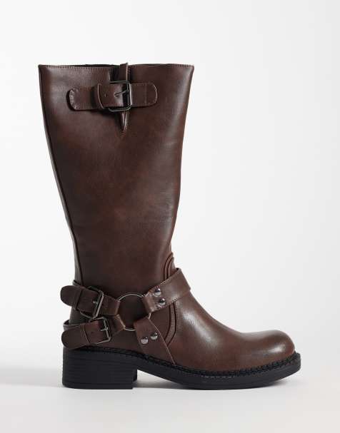 Glamorous – Kniehohe Bikerstiefel in Used-Braun mit Riemendesign - view 1