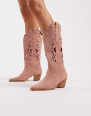 Glamorous - Kniehohe Cowboystiefel in Babyrosa