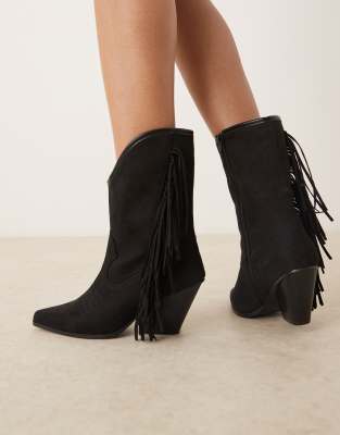 Glamorous - Kniehohe Western-Stiefel in Schwarz mit Fransen