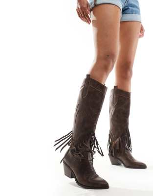 Glamorous - Kniehohe Western-Stiefel in verwaschenem Dunkelbraun mit Fransen-Brown