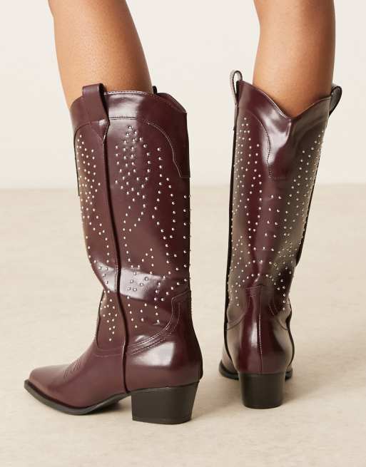 Glamorous – Kniehohe Westernstiefel in Burgunderrot mit Nietenbesatz, 2 von 4