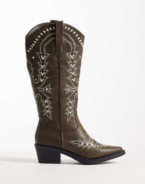 Glamorous – Kniehohe Westernstiefel in Khaki mit Stickerei - view 1