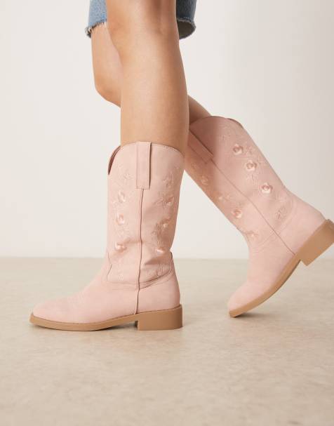 Glamorous – Kniehohe Westernstiefel in Rosa mit Stickerei - view 1