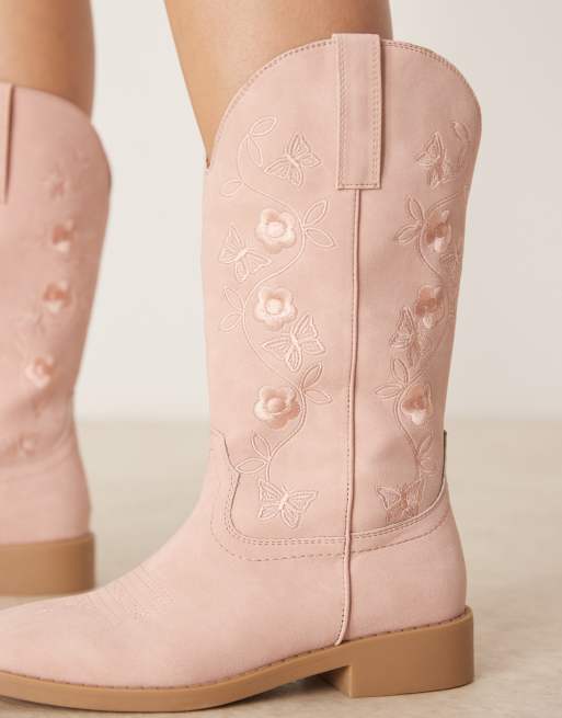 Glamorous – Kniehohe Westernstiefel in Rosa mit Stickerei, 3 von 4