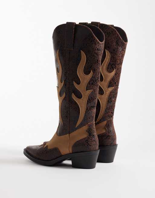 Glamorous – Kniehohe Westernstiefel in Schwarz und Hellbraun, 3 von 4