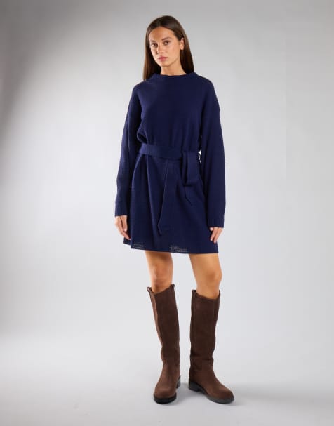 Glamorous Knit belted long sleeve mini dress in navy - view 1