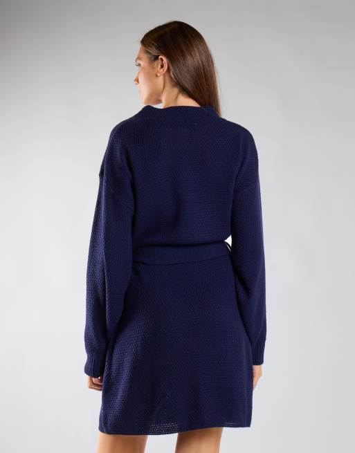 Glamorous Knit belted long sleeve mini dress in navy, 3 of 4