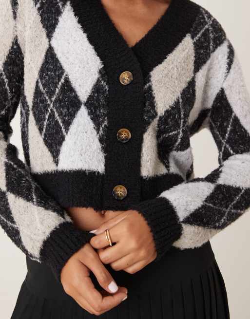 Women's Checkerboard Knit Cardigan - Black White Drop Shoulder Button Front Sweater With Pockets
