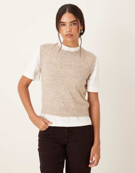 Glamorous knitted crew neck vest top in beige marl