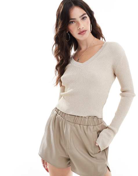 Glamorous Knitted v neck top in gold glitter knit - view 1