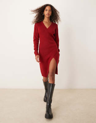 Glamorous knitted wrap midi dress in red ochre