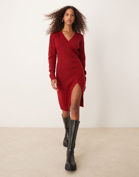 Glamorous knitted wrap midi dress in red ochre - view 1