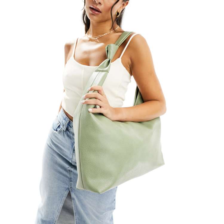 Glamorous knotted strap PU tote bag in sage green | ASOS