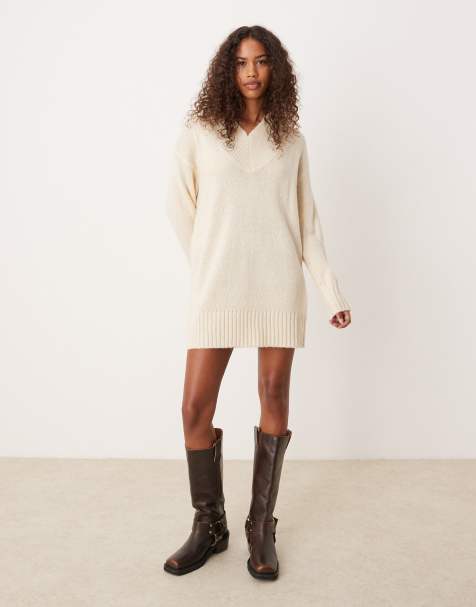Glamorous rib v neck slouchy jumper dress in cream knit