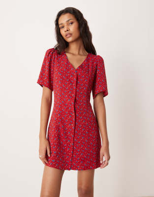 Glamorous - Kurzärmliges Minikleid mit Blumenmuster und Knopfleiste-Bunt