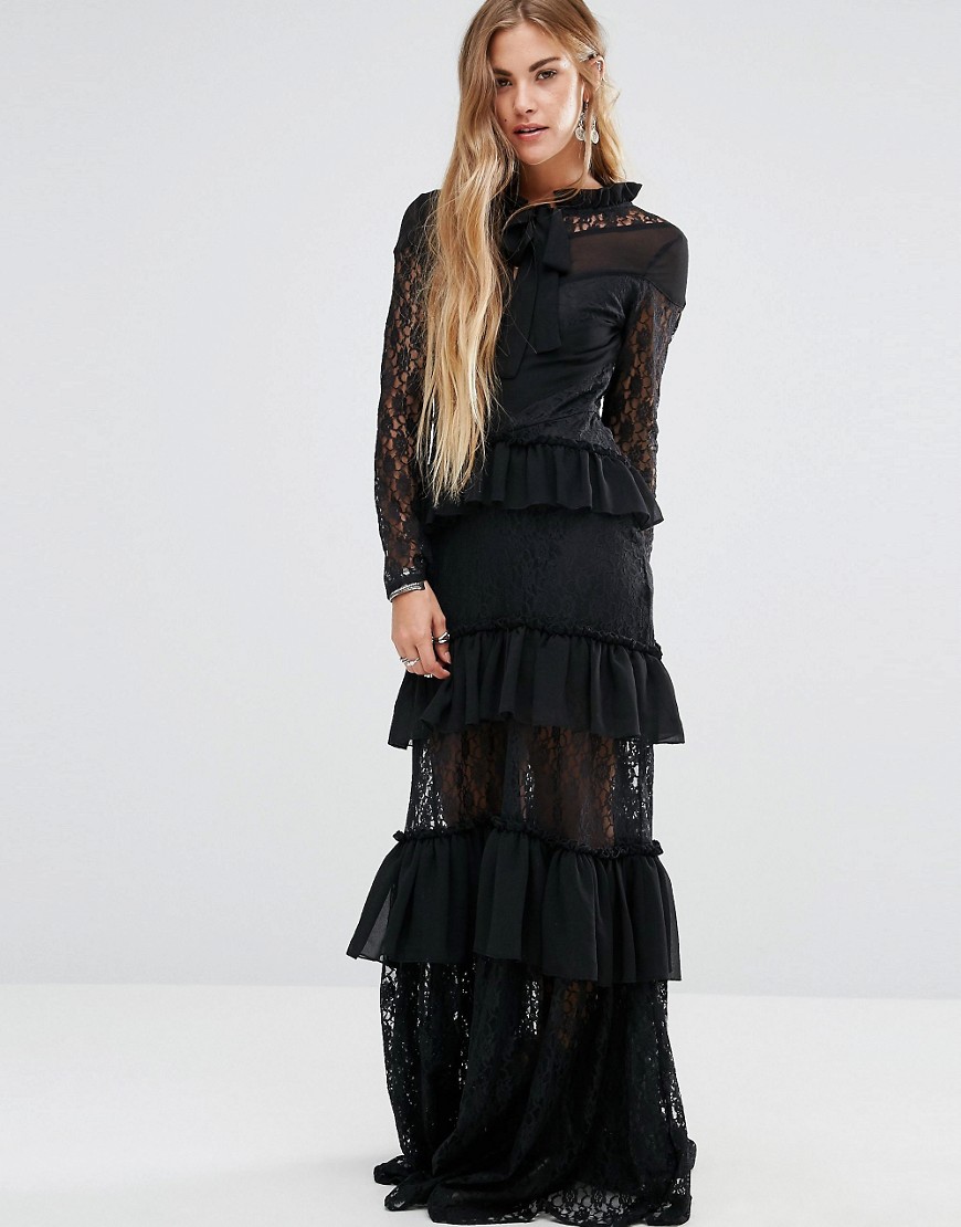 Lace And Ruffles Tiered Maxi Dress-Black
