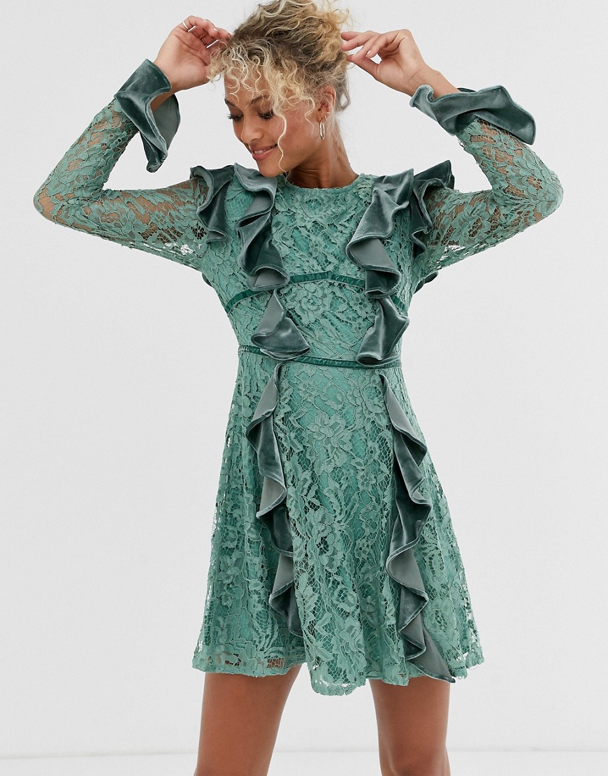 Glamorous lace and velvet mini dress with ruffle detail-Green