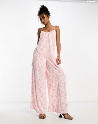 Glamorous Lace Back Strappy Smock Jumpsuit In Pink Floral