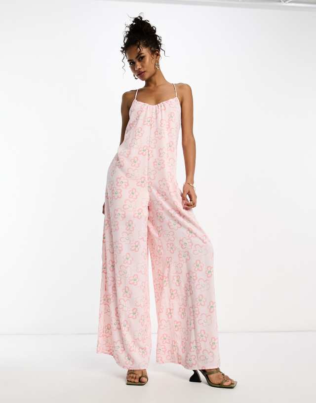 Glamorous - lace back strappy smock jumpsuit in pink floral