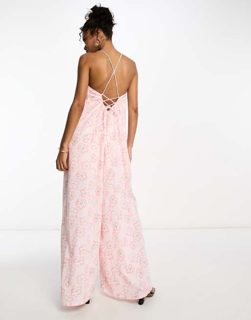 Glamorous lace back strappy smock jumpsuit in pink floral