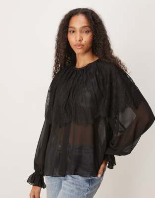 Glamorous Lace Detail Cape Blouse In Black