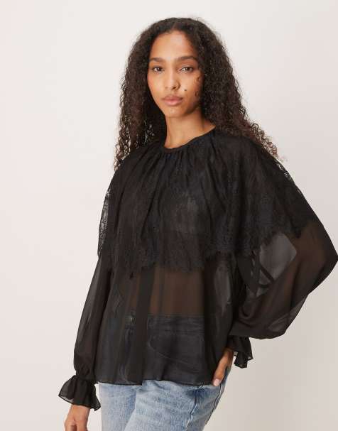 Glamorous Lace Detail Cape Blouse in black - view 1