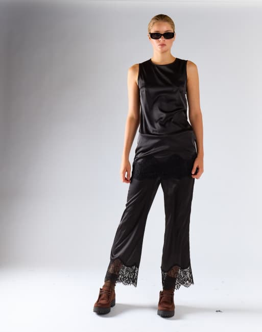 Glamorous Lace hem mini dress in black satin, 4 of 4