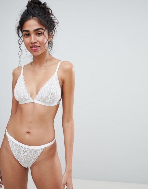 ASOS DESIGN Annie velvet soft triangle bra with lace in navy