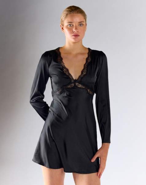 Glamorous Lace trim long sleeve mini dress in black satin