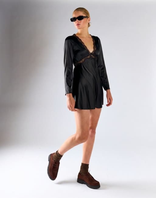Glamorous Lace trim long sleeve mini dress in black satin, 2 of 4