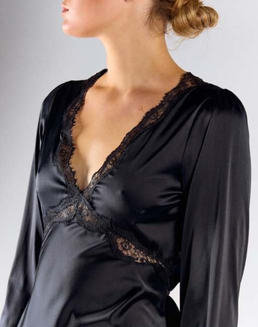 Glamorous Lace trim long sleeve mini dress in black satin, 3 of 4