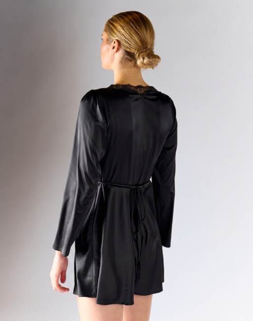 Glamorous Lace trim long sleeve mini dress in black satin, 4 of 4