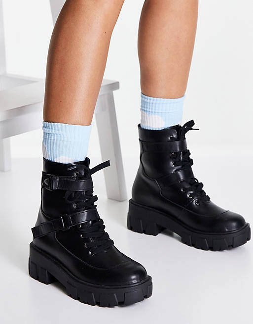 Glamorous Lace Up Flat Ankle Boots With Buckles In Black | Asos