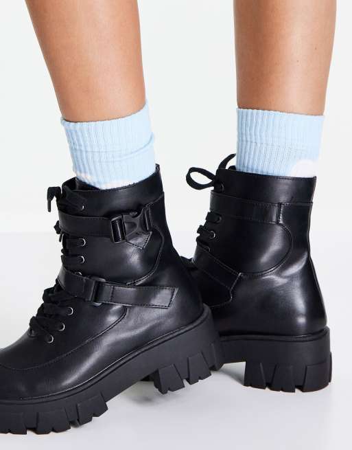 Wide Width Side Buckle Lace Up Combat Boots