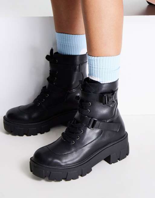 Wide Width Side Buckle Lace Up Combat Boots