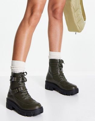 Glamorous lace up flat ankle boots with buckles in olive