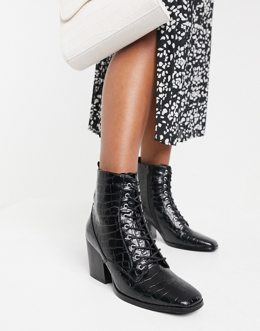 Glamorous lace up heeled ankle boots with square toe in black croc