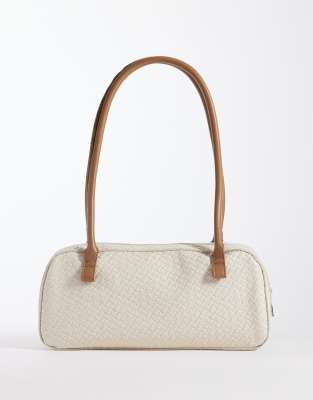 Glamorous - Längliche Schultertasche aus gewebtem Bast in Creme mit Details aus Kunstleder-Weiß