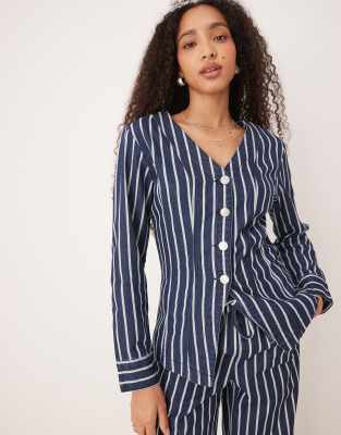 Glamorous - Langærmet blå denimbluse med striber og v-hals - view 1