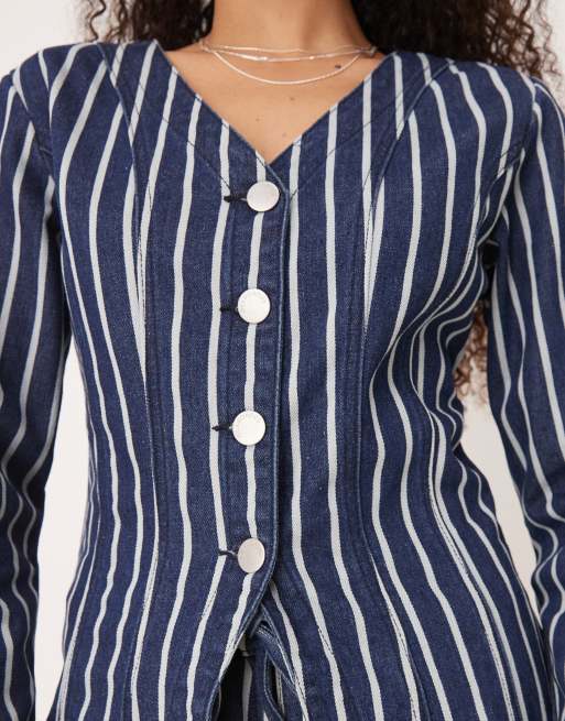 Glamorous - Langærmet blå denimbluse med striber og v-hals, 3 af 4