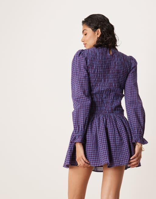 Glamorous - Langærmet minikjole med marineblå/bordeaux tern i poplin, 3 af 4