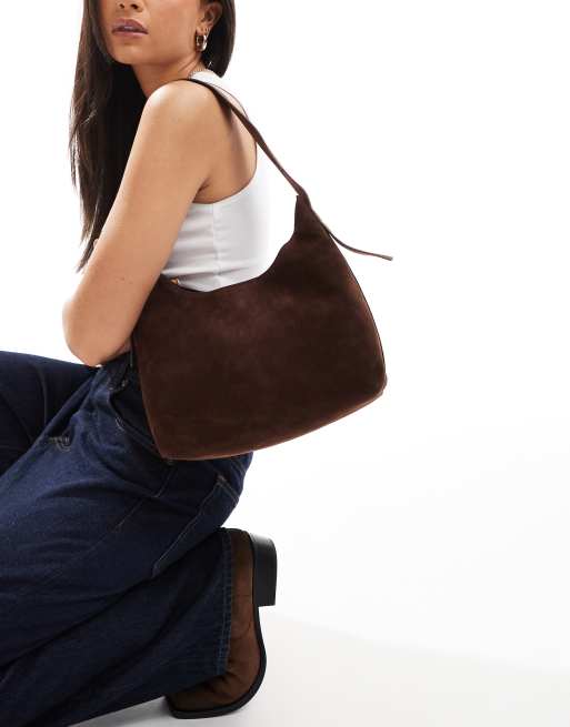 Glamorous large faux suede shoulder bag in brown