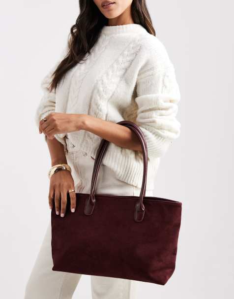 Glamorous large faux suede shoulder bag with PU straps in burgundy - view 1