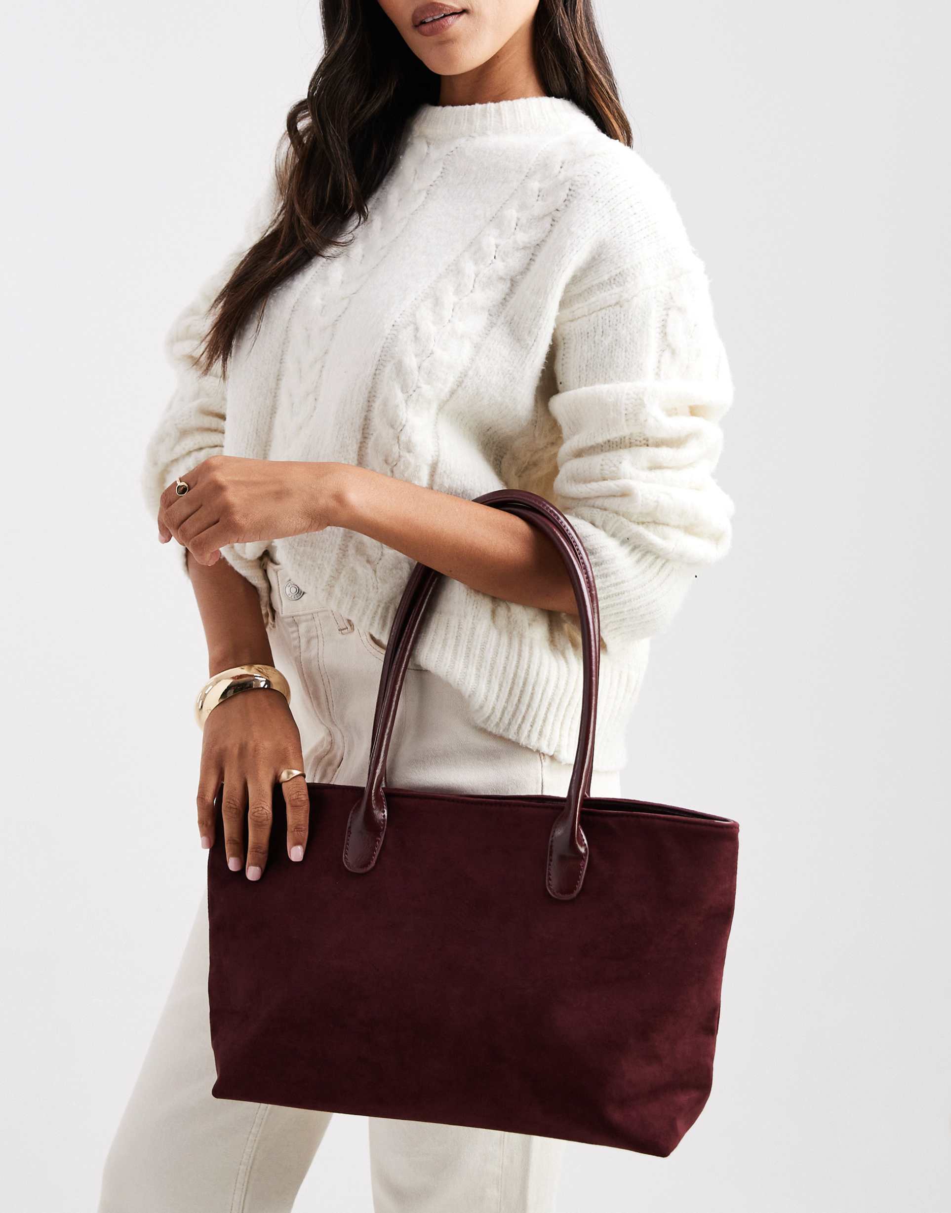 glamorous large faux suede shoulder bag with pu straps in burgundy