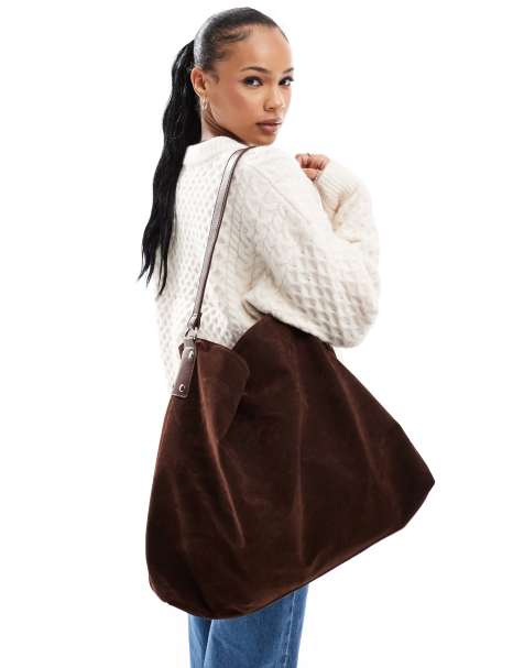 Glamorous large faux suede tote bag in dark brown