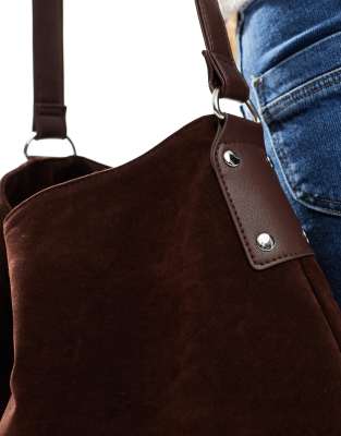 Glamorous large faux suede tote bag in dark brown