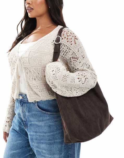 Glamorous large faux suede tote bag with buckle strap in dark brown - view 1