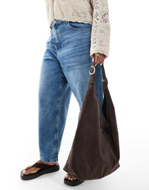 Glamorous large faux suede tote bag with buckle strap in dark brown