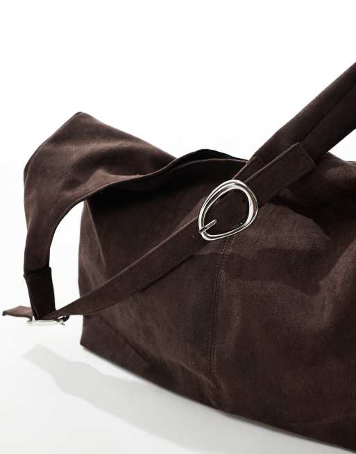 Glamorous large faux suede tote bag with buckle strap in dark brown